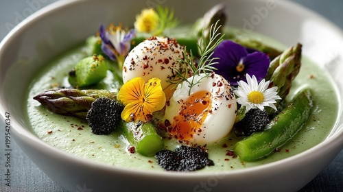 Gourmet Fine Dining Asparagus Soup with Soft Boiled Egg, Edible Flowers, and Fresh Truffle Shavings