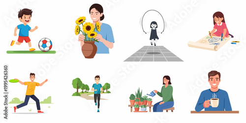 Cheerful and Lively Characters Enjoying Various Outdoor and Indoor Activities Illustration