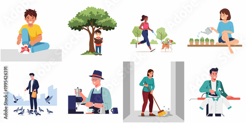 Flat Style Diverse People Daily Activities and Hobby Illustration Set