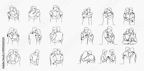 Continuous line drawing of people embracing each other with love and affection.