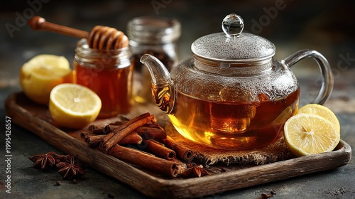 Still Life Cozy Herbal Tea Ingredients with Lemon Honey Cinnamon Rustic Setting Food and Drink