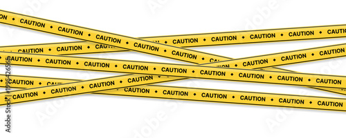 Crossed yellow caution tape strips forming abstract barrier pattern with repeating warning text isolated on transparent background, crime scene restriction concept, safety boundary lines, visibility
