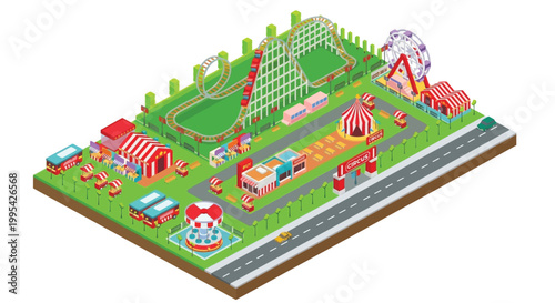 Isometric amusement park illustration featuring a roller coaster and ferris wheel