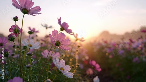 Peaceful pink cosmos flower field with soft sunrise light