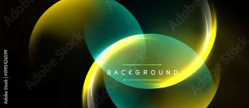 Abstract design features glowing curves, vibrant colors. Yellow, teal blend creating dynamic visual effect. Background text present.