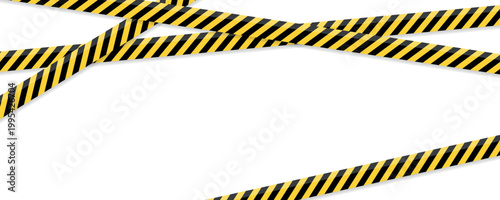 Yellow black hazard warning tape strips arranged diagonally and horizontally, industrial safety barrier lines isolated on transparent background, construction caution pattern design element set