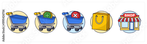 A set of 5 icons as shopping cart, add to cart, remove from cart