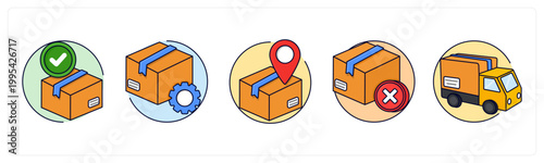 A set of 5 icons as order confirmed, order processing, order delivered