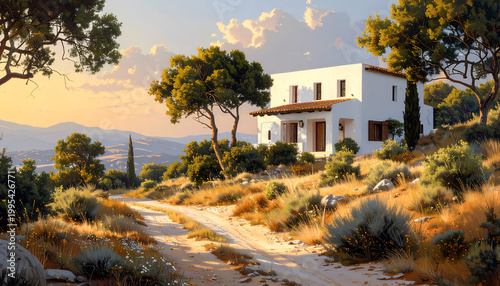 A charming white house with a terracotta roof sits nestled on a hillside overlooking a vast, sun-drenched landscape, bathed in the warm glow of the setting sun.