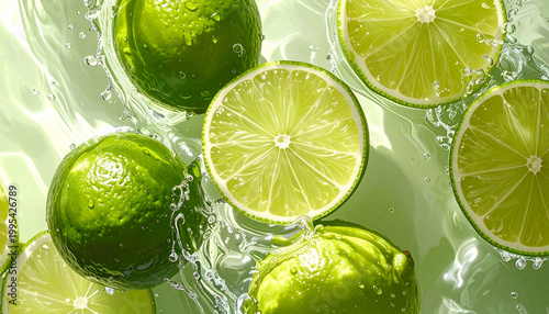 A vibrant, high-angle shot showcases fresh limes and lime slices surrounded by refreshing water droplets, creating a visually appealing and summery composition.