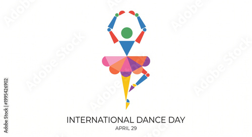 A colorful geometric illustration of a ballerina celebrating International Dance Day on April 29, featuring abstract shapes forming a dancer.