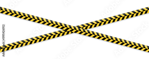 Crossed black yellow hazard stripe tapes forming X shape isolated on transparent background, safety warning barrier design element, construction restriction symbol, industrial danger marking graphic