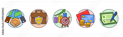 A set of 5 icons as international business, secured business, growth target