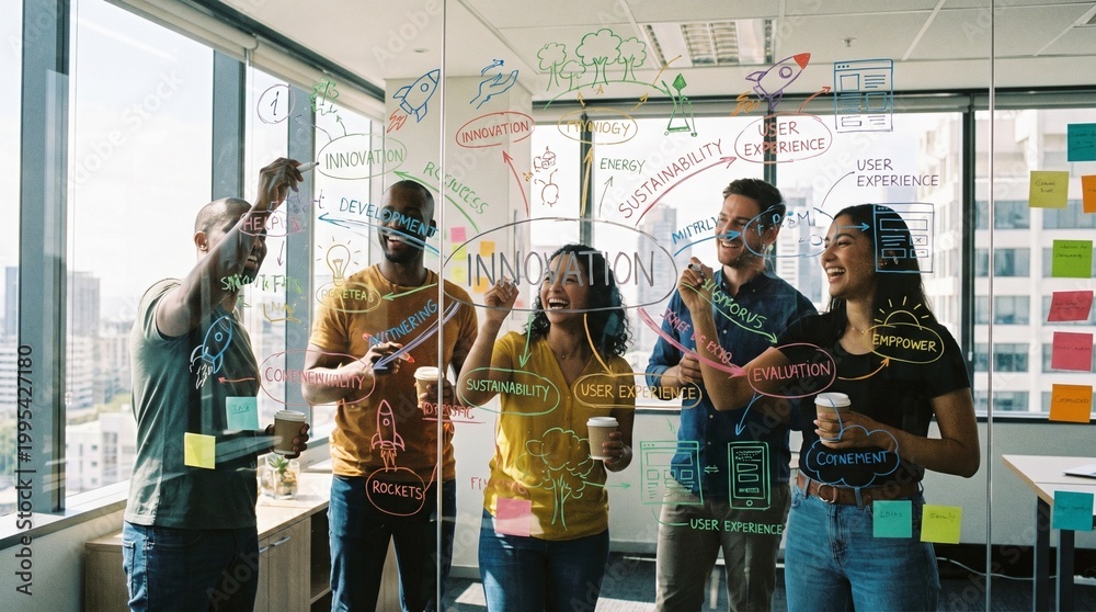 Fototapeta premium Creative business team drawing mind maps window
