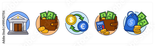 A set of 5 icons as bank, wallet, forex