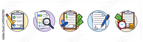 A set of 5 icons as checklist, search document, loan