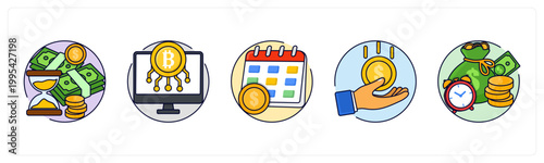 A set of 5 icons as pending payment, digital currency, subscription payment