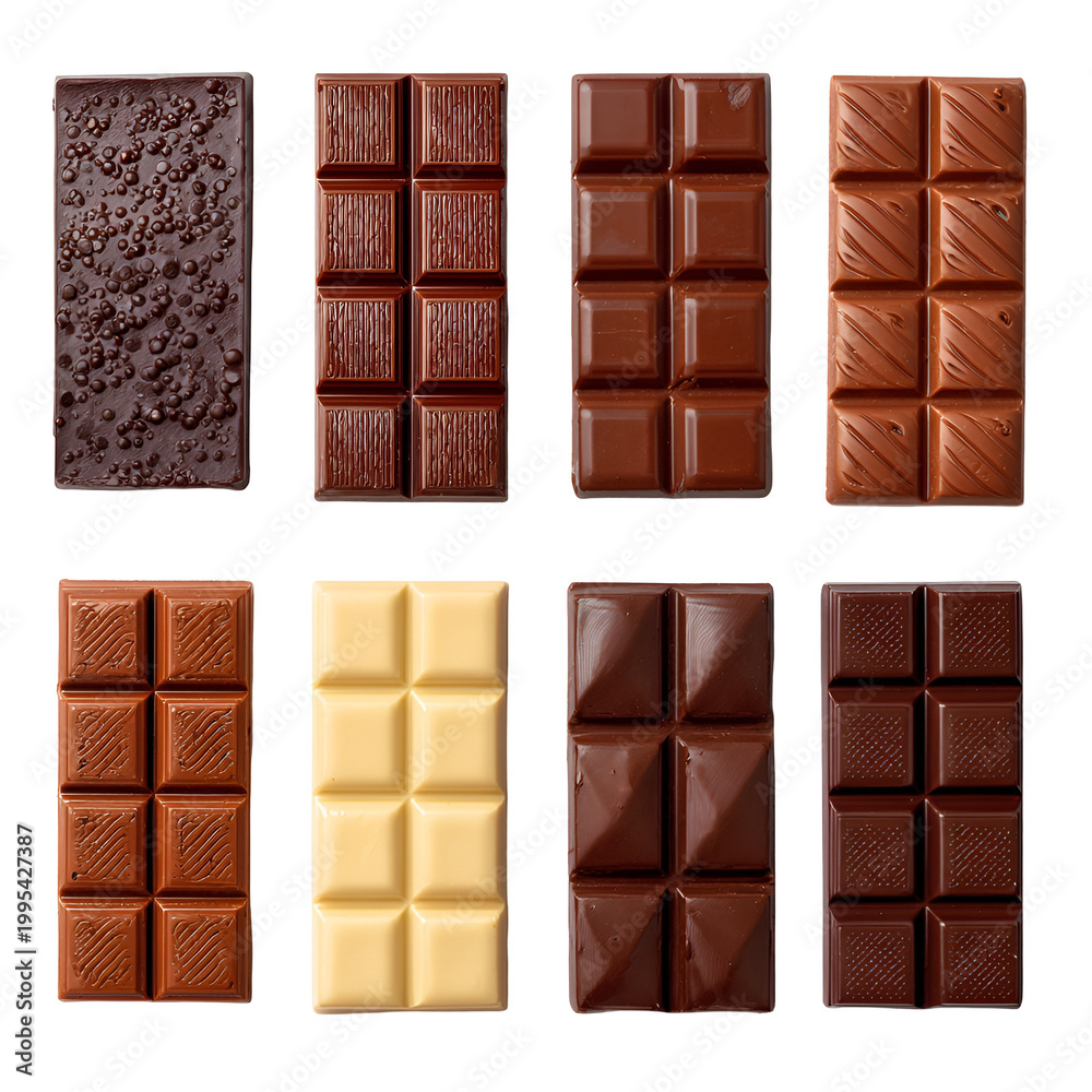 Fototapeta premium Assortment of chocolate and white chocolate bars on white background