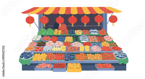 Colorful Asian seafood market stall illustration with fresh fish