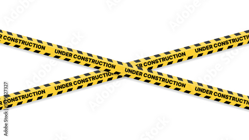 Crossed yellow under construction warning tapes isolated on transparent background, realistic hazard stripes barrier design element for safety concept, danger restriction symbol for repair work zone