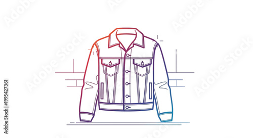Hand-drawn illustration of a denim jacket with a gradient outline, set against a brick wall background.