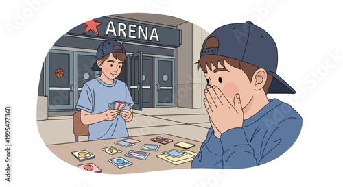 Young boys trading collectible cards outside a stadium vector