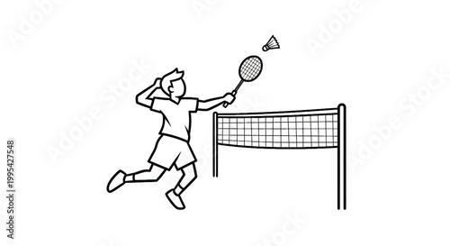 Badminton player jumping for smash stroke line art illustration