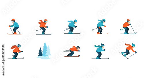 Winter Sports Flat Vector Set of People Downhill Skiing