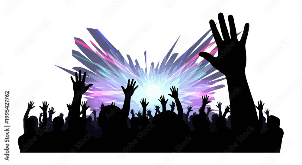 Naklejka premium Energetic crowd silhouette with hands raised at music festival
