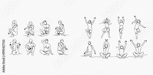Continuous Line Art of People in Various Poses and Yoga Positions.