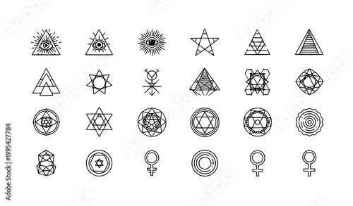 All seeing eye and geometric symbol icon set with pyramid star and abstract secret society vector collection