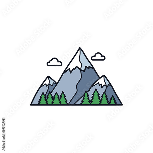 Minimalist vector illustration of snow capped mountains with pine trees