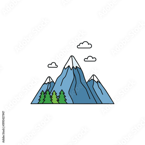 Snowy mountain peaks with evergreen trees vector illustration