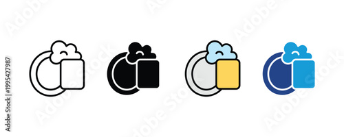 Kitchen dish soap and sponge icon vector set. Household cleaning supplies, washing dishes liquid, and foam bubbles housework symbol.