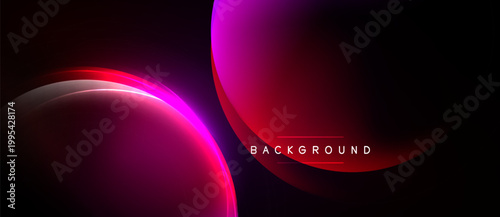 Abstract design features vibrant pink, red gradients. Overlapping circles create dynamic visual effect. Dark background emphasizes glowing shapes.