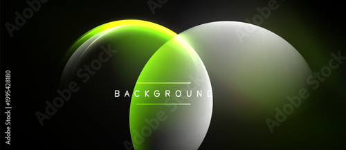 Abstract design features overlapping luminous circles. Green, white hues create modern aesthetic. Dark background emphasizes bright shapes.