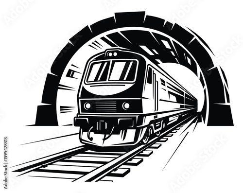 Train coming out of tunnel isolated on white background