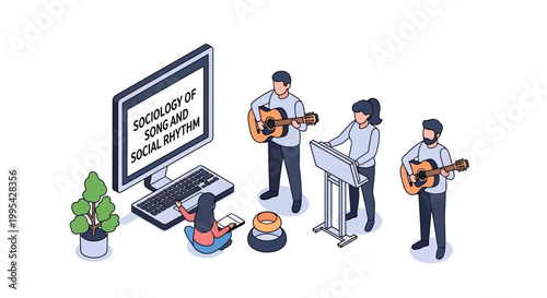 Isometric Illustration of Musicians Playing Guitars and Keyboard Near Computer.