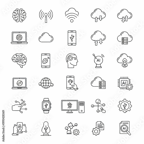 Set of linear technology icons representing artificial intelligence cloud computing data management and digital networking for modern business system developers