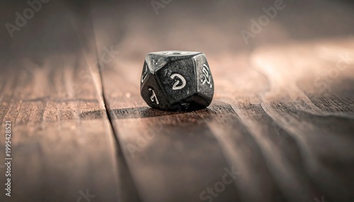 A Single Custom Made Dark Metal D20 Polyhedral Dice with Sharp Edges Rests on a Textured Wooden Surface