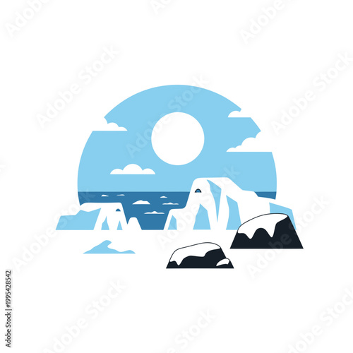 Minimalist Arctic Landscape with Icebergs and Sun Illustration