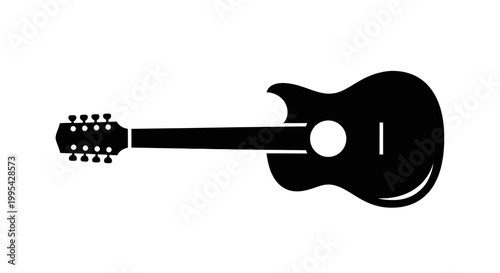 A minimalist black silhouette of an acoustic guitar on a white background