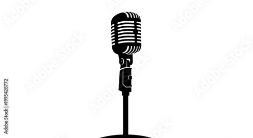 Cuadro en lienzo A minimalist black silhouette of a vintage microphone on a stand