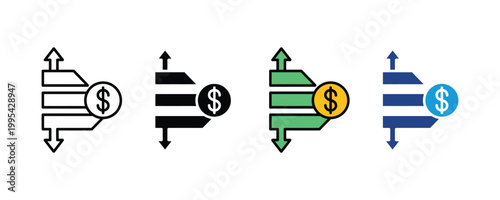 Cash flow direction and dollar currency exchange icon vector set. Financial income expense tracking, and money transaction transfer symbol.