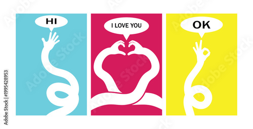 Vibrant abstract poster with Playful wavy hand shapes three common communication gestures in warm colors featuring colorful, dynamic, modern feel, creative motivational design typography.