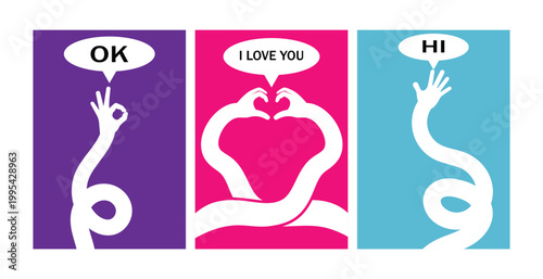 Vibrant abstract poster with Playful wavy hand shapes three common communication gestures in warm colors featuring colorful, dynamic, modern feel, creative motivational design typography.