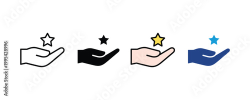 Hand holding star icon vector set. Customer satisfaction rating, high quality service review, and premium feedback award symbol.