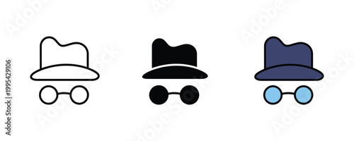 Incognito mode detective person icon vector set. Private browsing security, anonymous user identity, and hidden internet privacy symbol.
