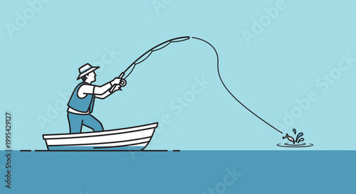 Fisherman in boat catches fish with bent fishing rod, splashing water
