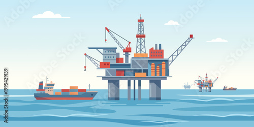 Offshore Oil Rig at Sea: A towering oil rig dominates the horizon, with a cargo ship nearby, representing the critical energy industry operating in the vastness of the sea.